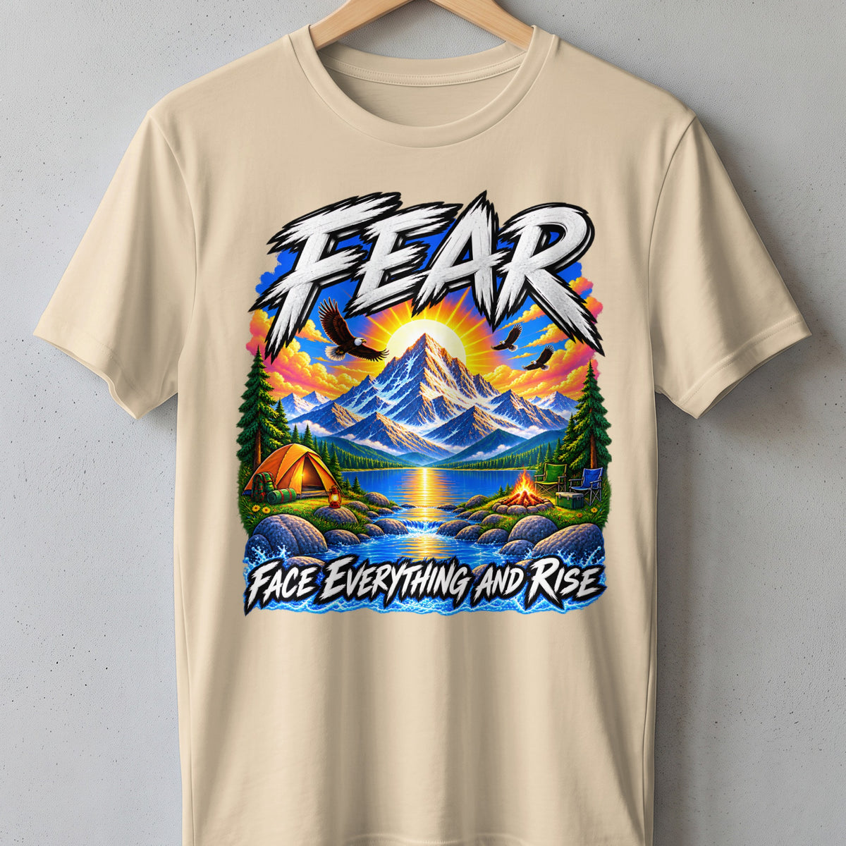 T-shirt with "FEAR" text and mountain, lake, and camping scene.
