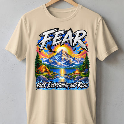 T-shirt with "FEAR" text and mountain, lake, and camping scene.