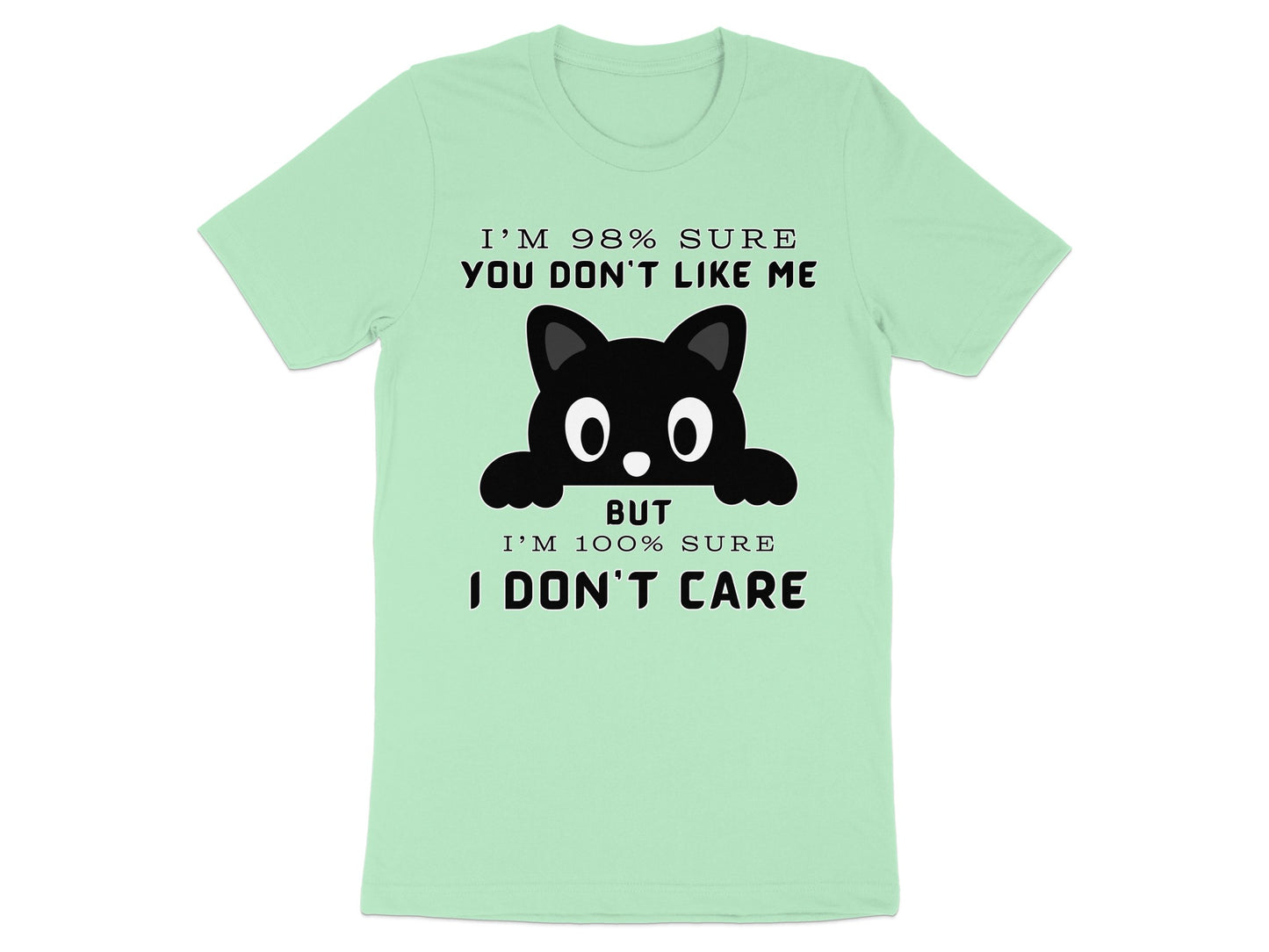 Light green t-shirt with black text and a black cat graphic.