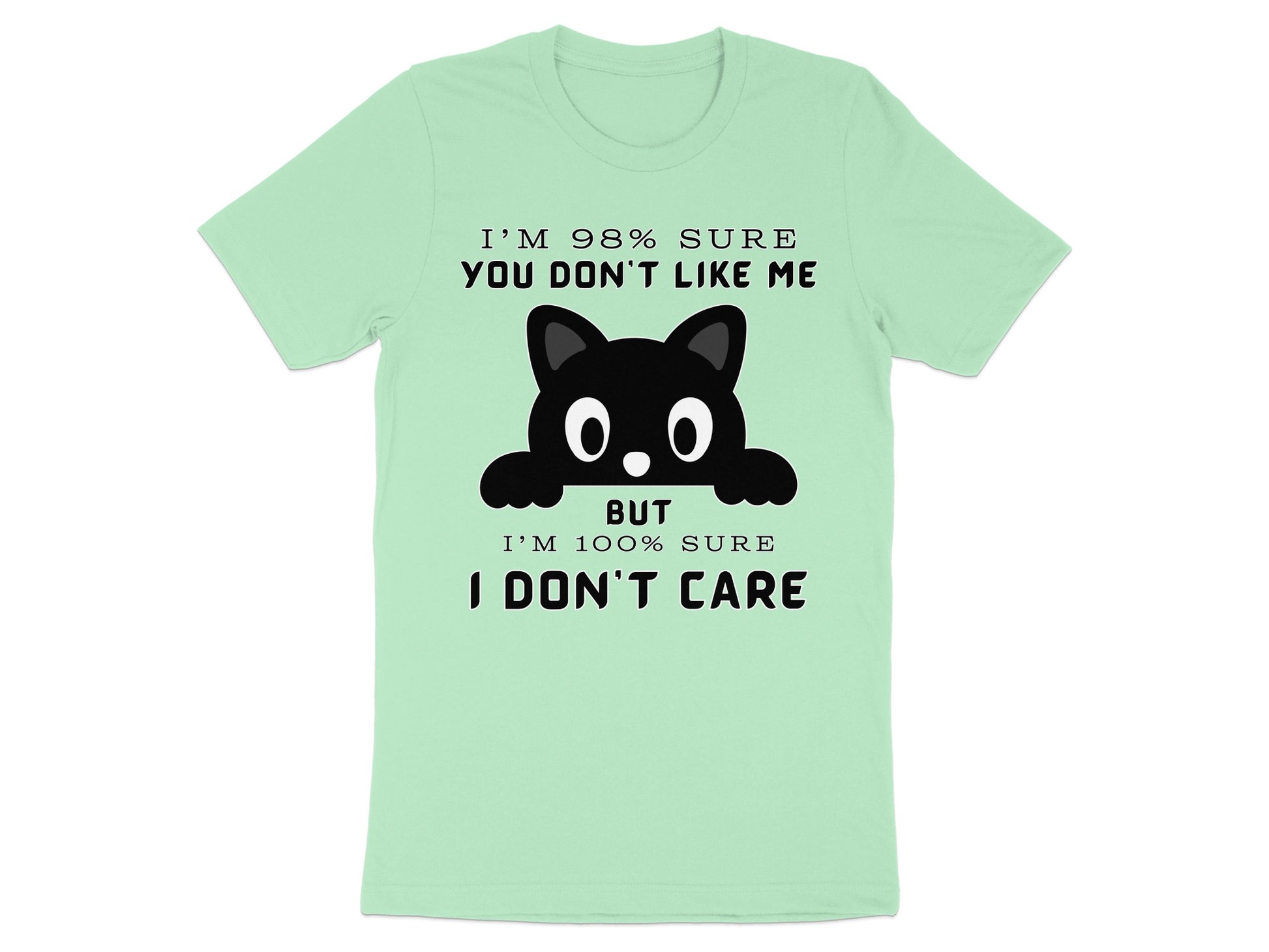 Light green t-shirt with black text and a black cat graphic.