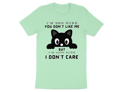 Light green t-shirt with black text and a black cat graphic.