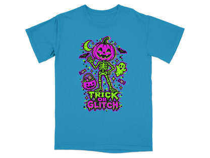 Skeleton with pumpkin head, ghost, bats, and "Trick or Glitch" text on a blue t-shirt.