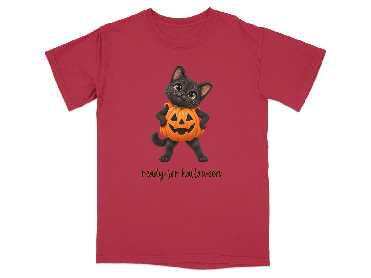 Black kitten in pumpkin costume with "ready for halloween" text.