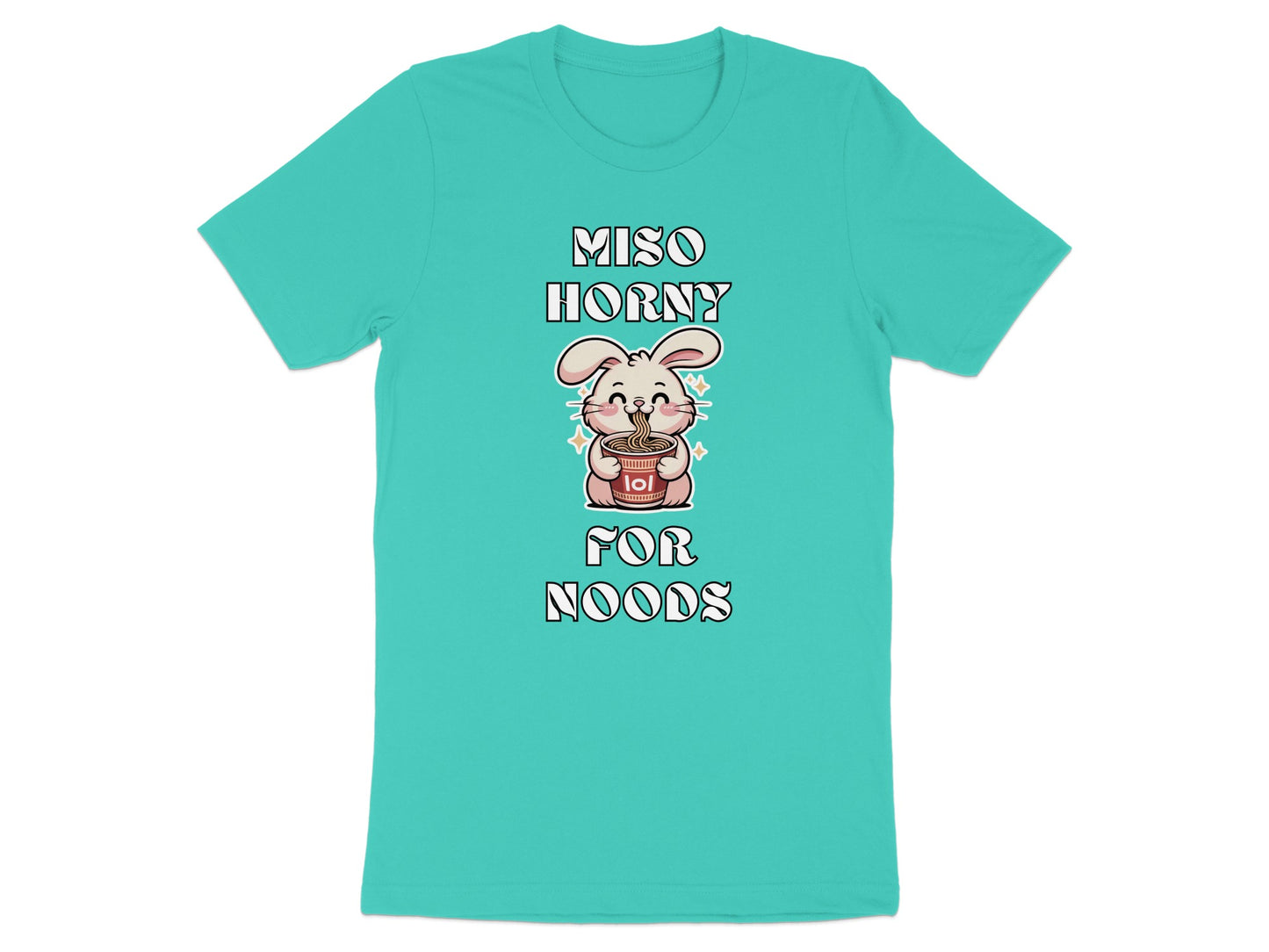 Teal t-shirt with graphic text "MISO HORNY FOR NOODS" and a cartoon bunny holding ramen.