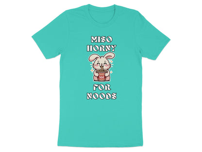 Teal t-shirt with graphic text "MISO HORNY FOR NOODS" and a cartoon bunny holding ramen.