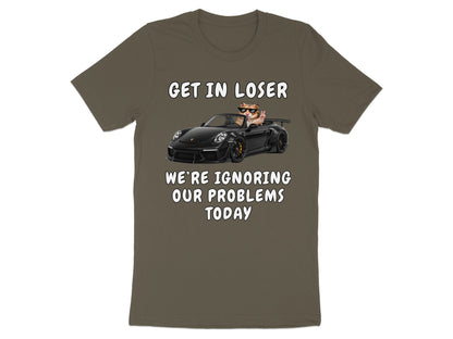 Cat wearing sunglasses in a convertible with text: "Get in Loser, We're Ignoring Our Problems Today."