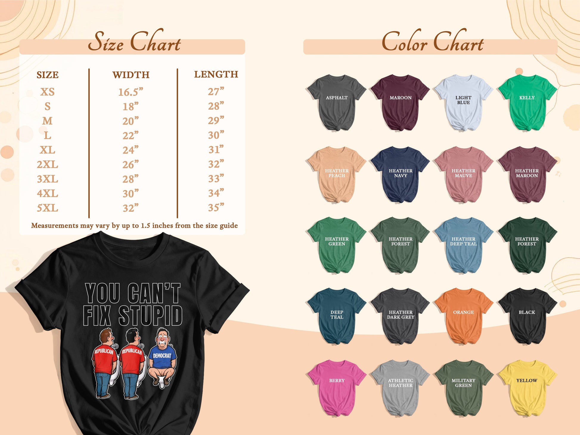 Black t-shirt with "You Can't Fix Stupid" graphic and size/color charts.
