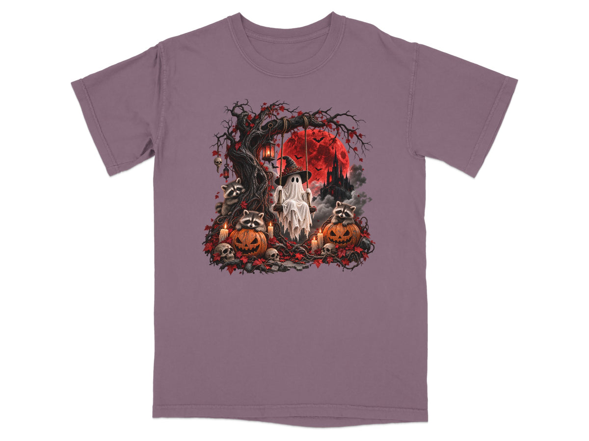 Ghost on swing with raccoons, pumpkins, skulls, and castle under red moon.