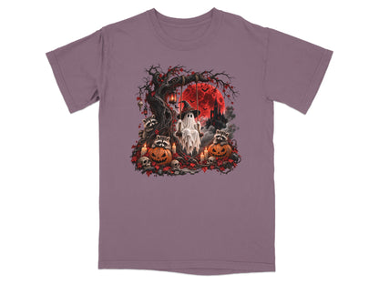 Ghost on swing with raccoons, pumpkins, skulls, and castle under red moon.