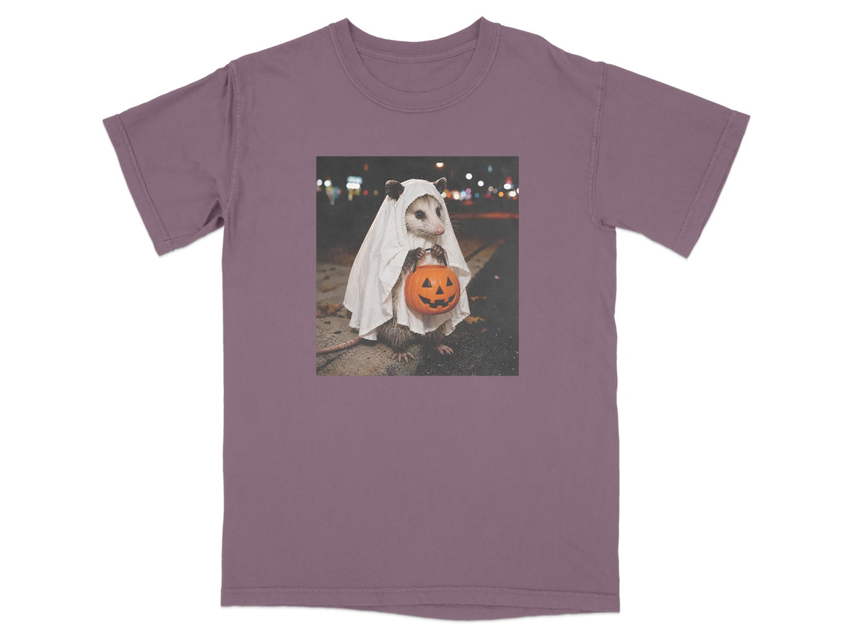Opossum in ghost costume holding a jack-o'-lantern on a street at night.