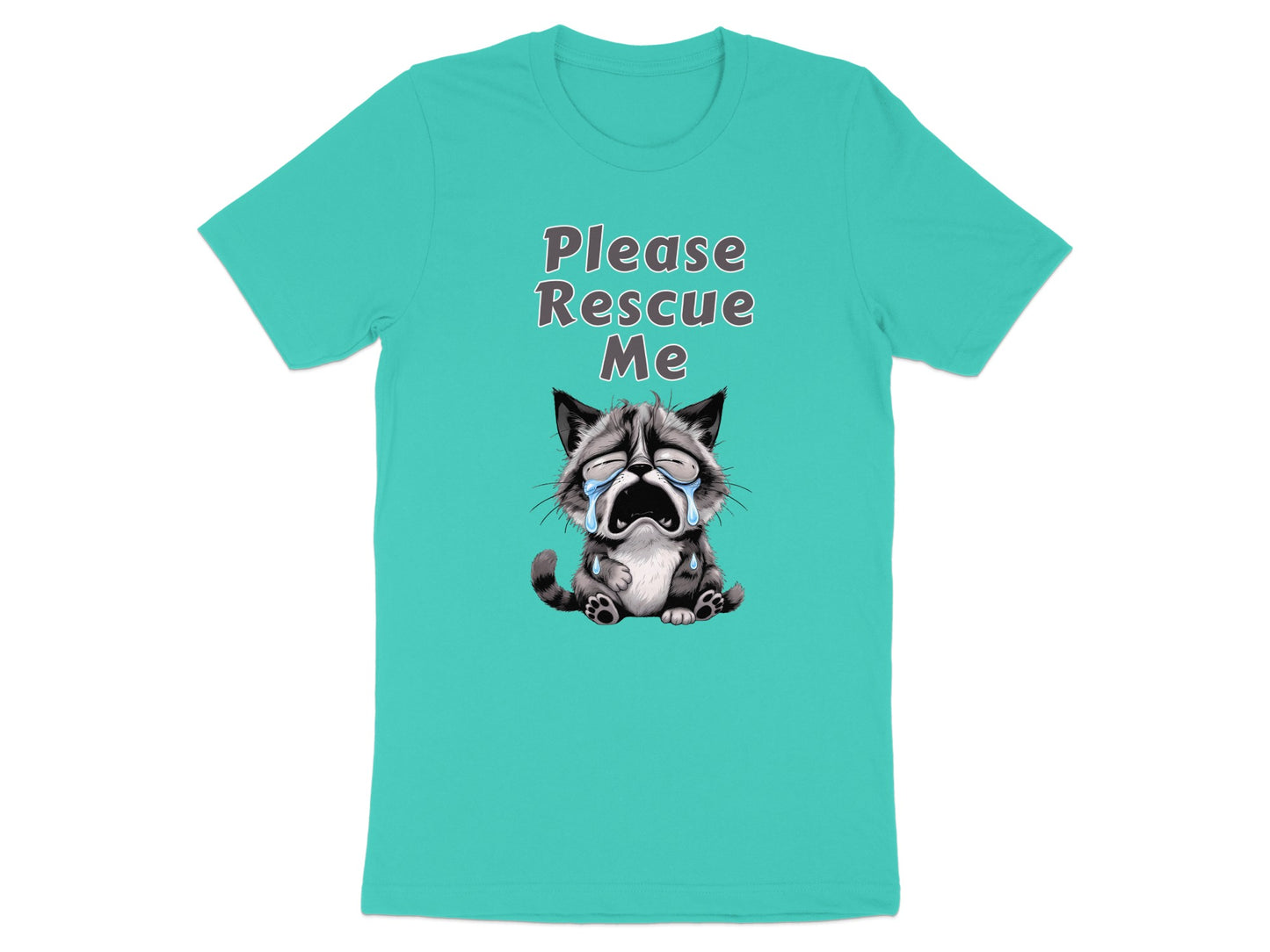 Teal t-shirt with a crying raccoon and text "Please Rescue Me".