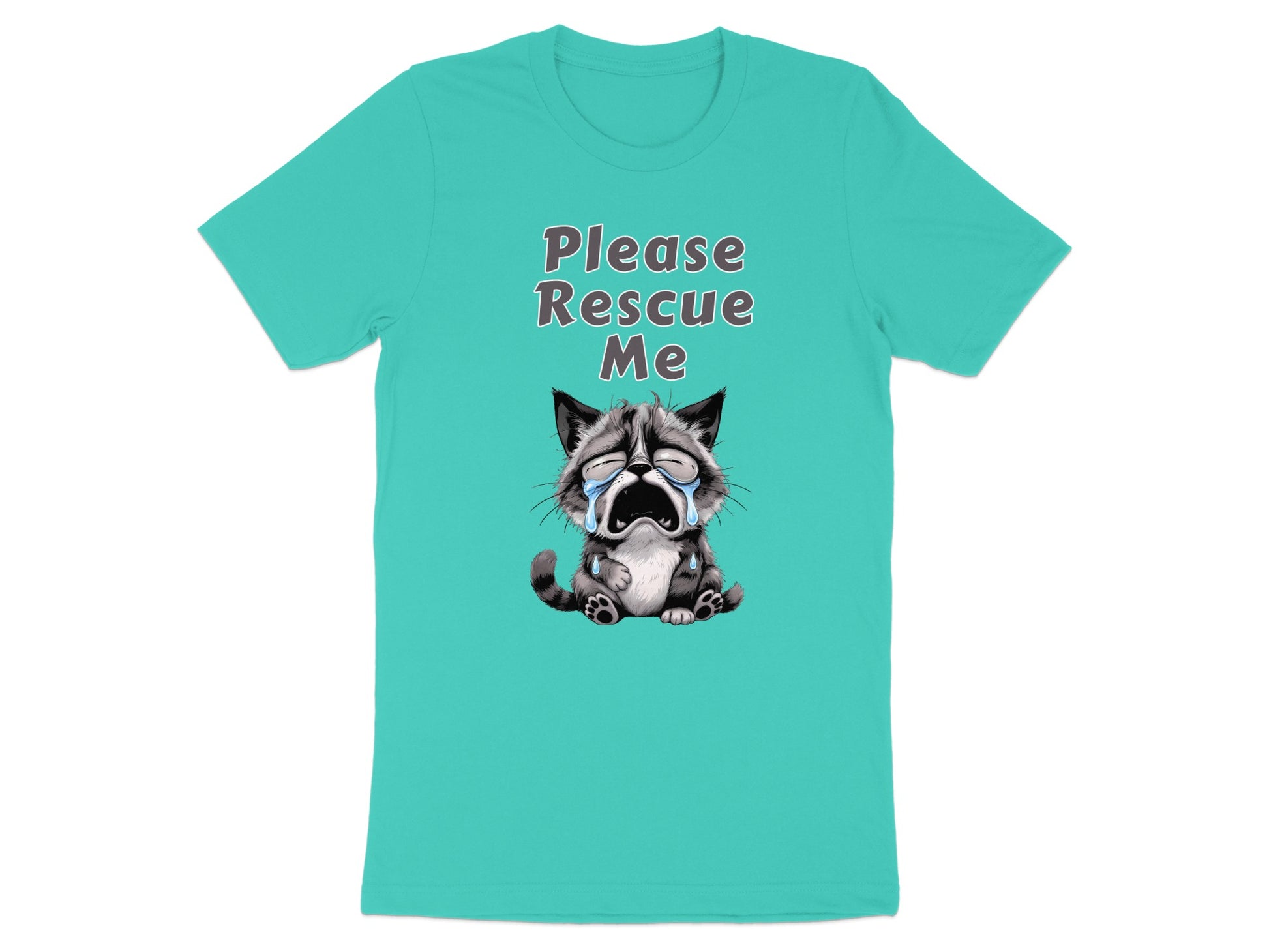 Teal t-shirt with a crying raccoon and text "Please Rescue Me".