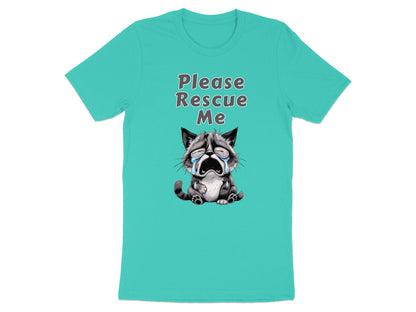 Teal t-shirt with a crying raccoon and text "Please Rescue Me".