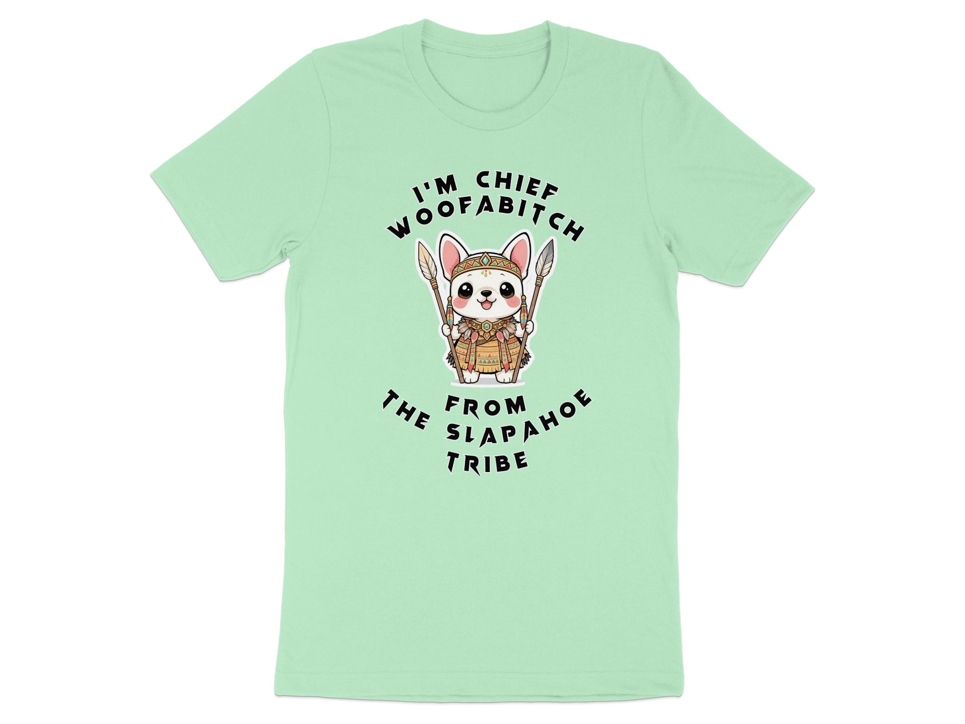 Light green t-shirt with a cartoon dog wearing tribal headdress and armor holding spears.