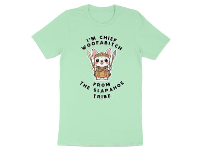 Light green t-shirt with a cartoon dog wearing tribal headdress and armor holding spears.