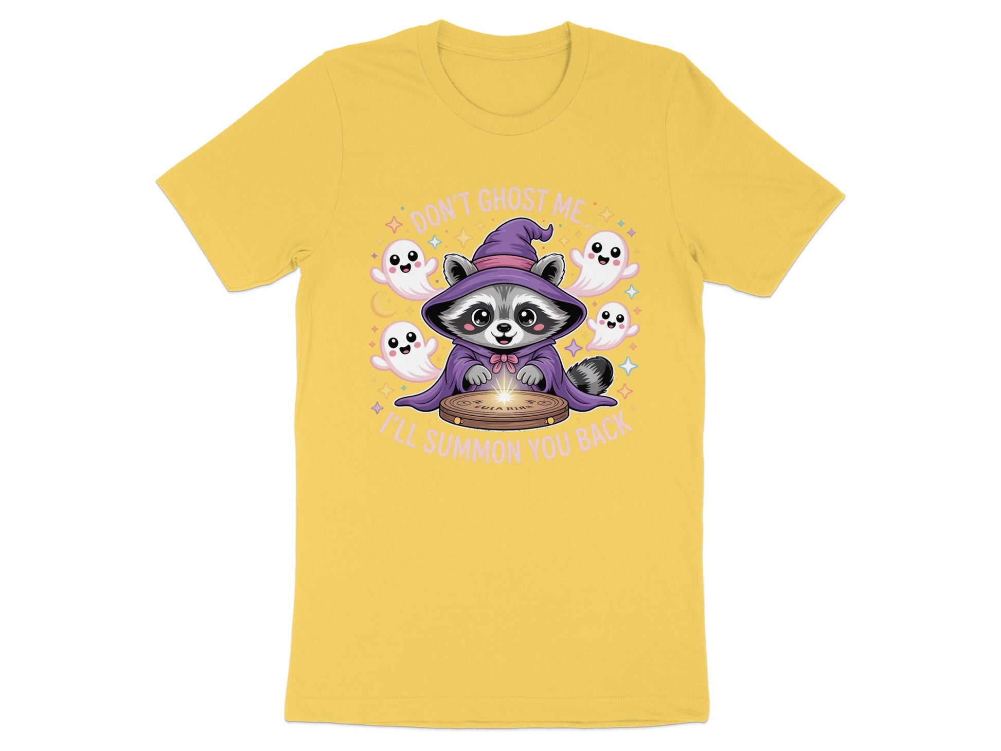 Raccoon in witch hat with ghosts and crystal ball, "I'll summon you back".
