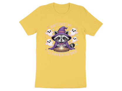 Raccoon in witch hat with ghosts and crystal ball, "I'll summon you back".