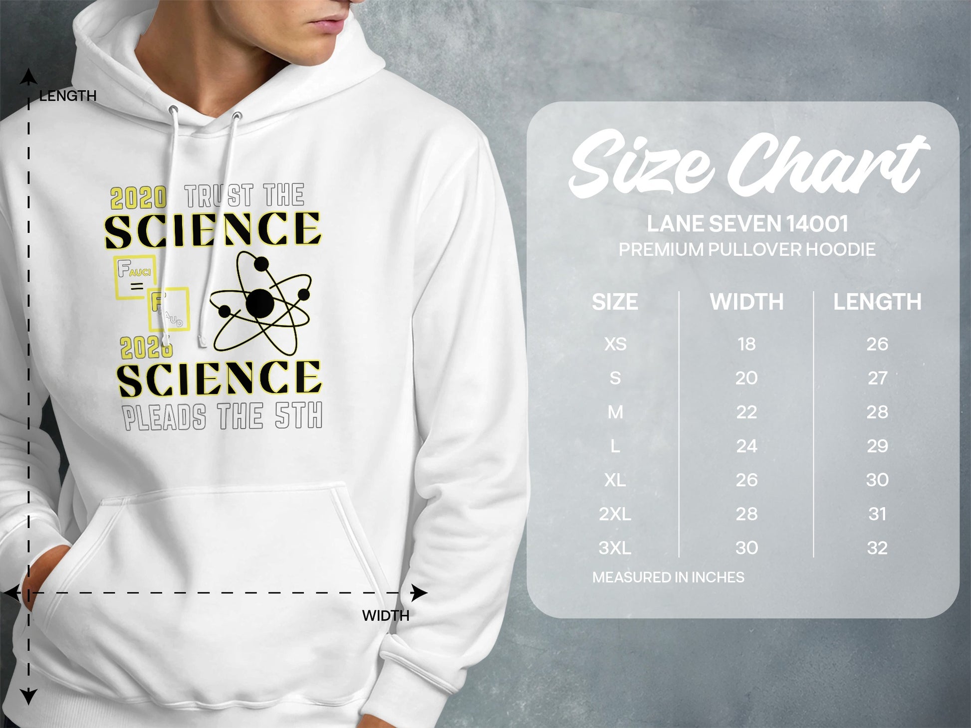 White hoodie with "2020 Trust the Science" graphic and size chart.