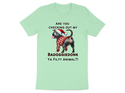 Light green t-shirt with a dog wearing a Santa hat and a festive sweater.