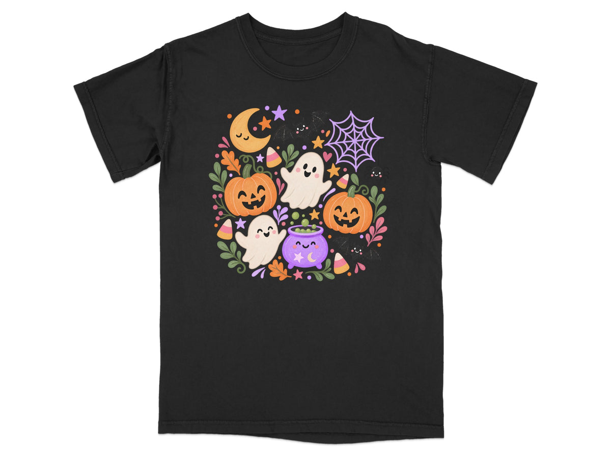 Black t-shirt with cute Halloween design featuring pumpkins, ghosts, cauldron, and moon.