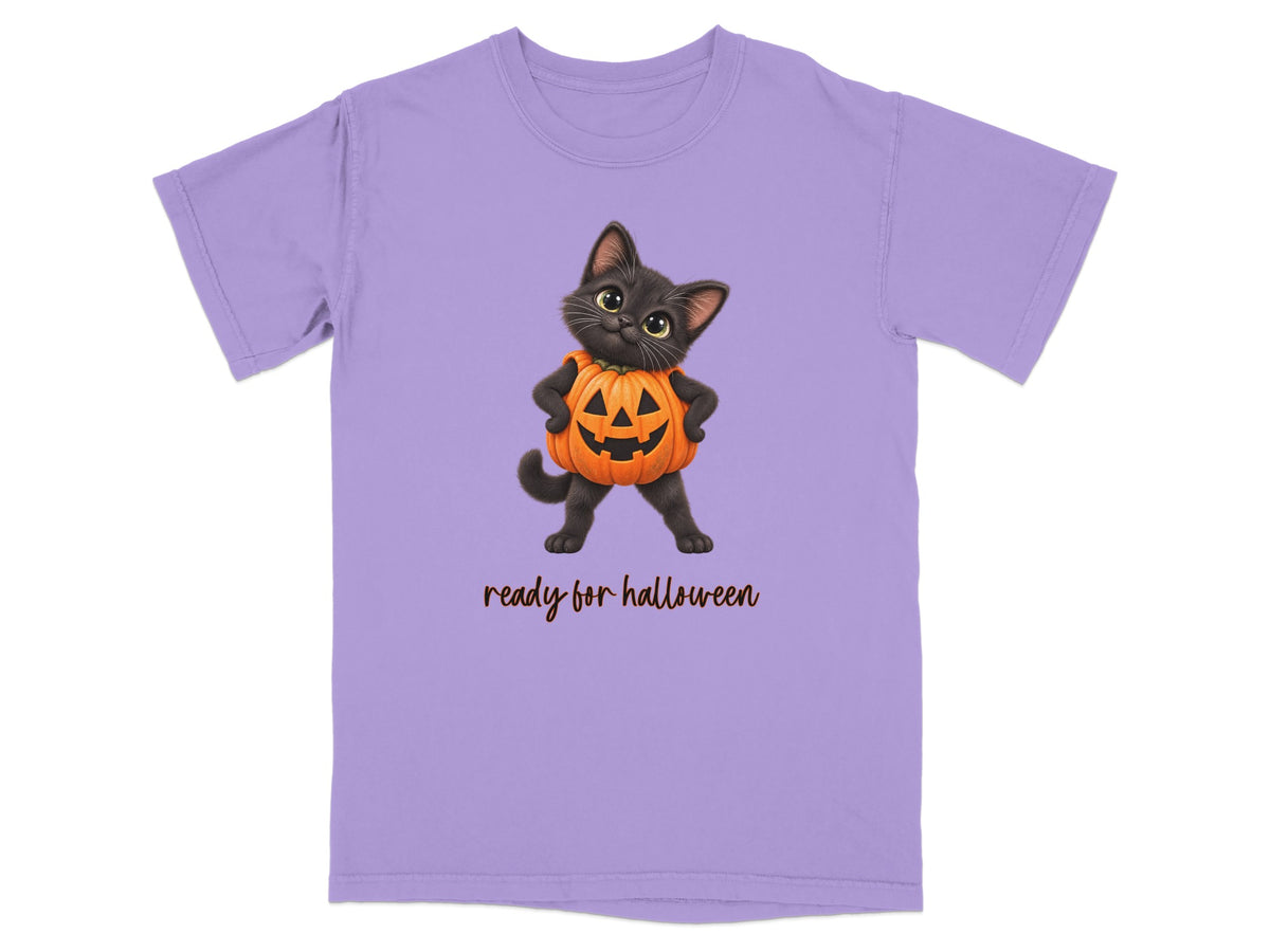Lavender t-shirt with black kitten in a pumpkin costume and "ready for halloween" text.