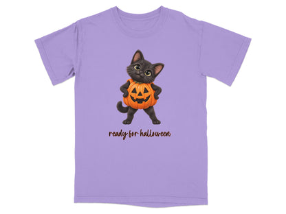 Lavender t-shirt with black kitten in a pumpkin costume and "ready for halloween" text.