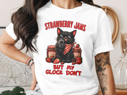 Black cat with sunglasses and gun, surrounded by jam jars and strawberries.