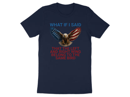 Navy t-shirt with an eagle graphic and text "What if I said that the left and right wing belong to the same bird".