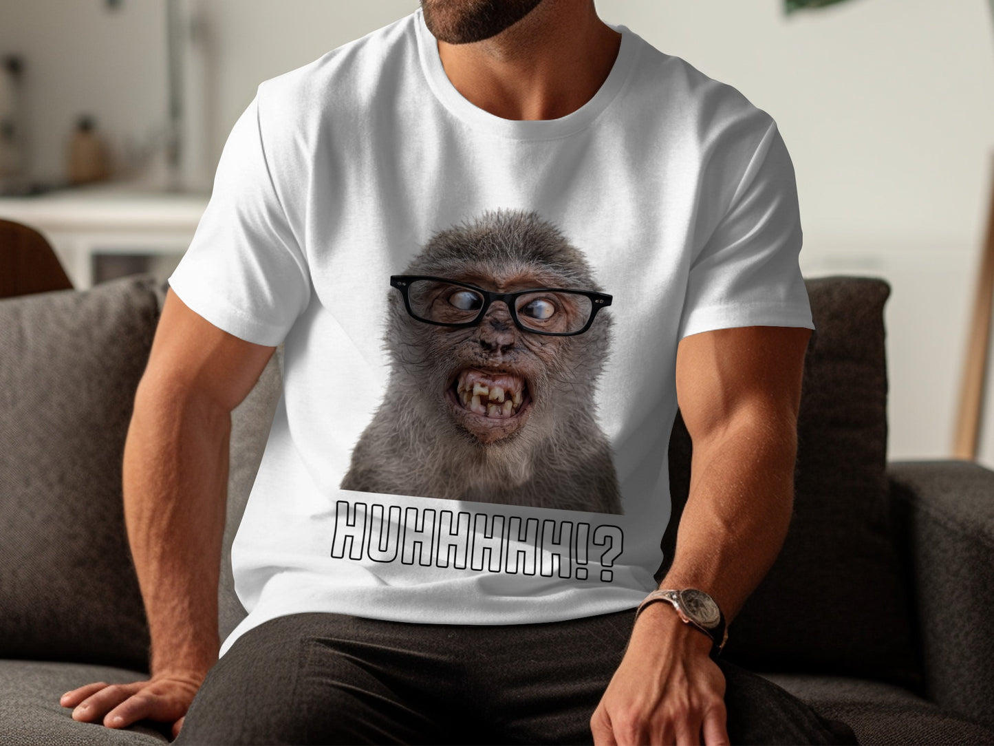 White t-shirt with a monkey wearing glasses and the text "HUHHHHH!?"