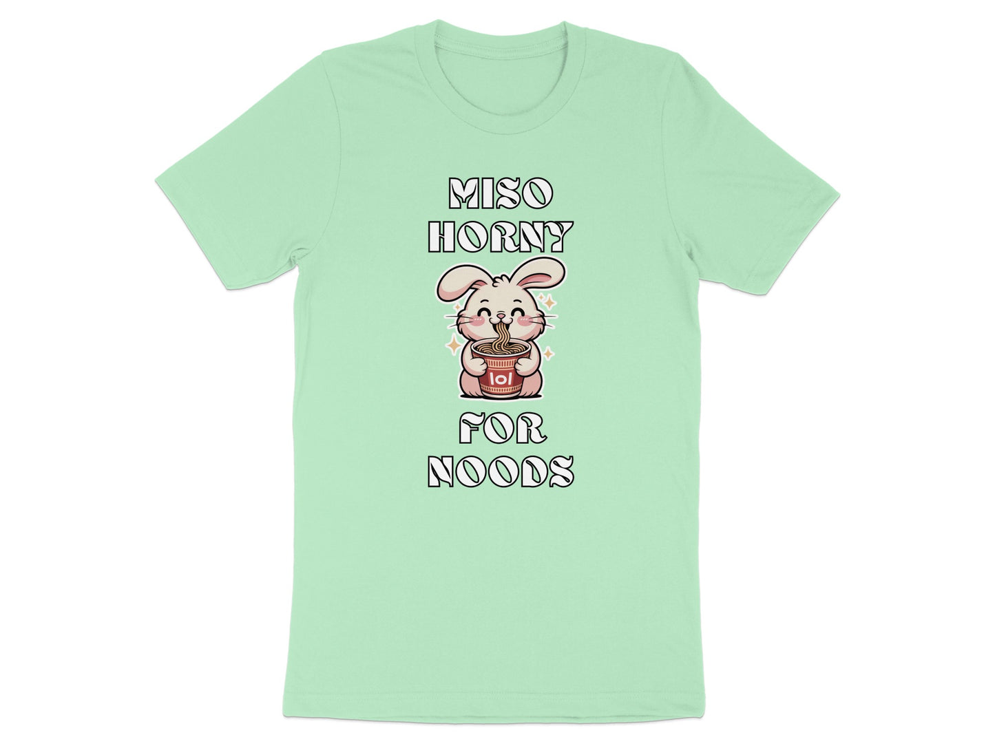 Light green t-shirt with "Miso Horny for Noods" text and a cartoon rabbit holding ramen.