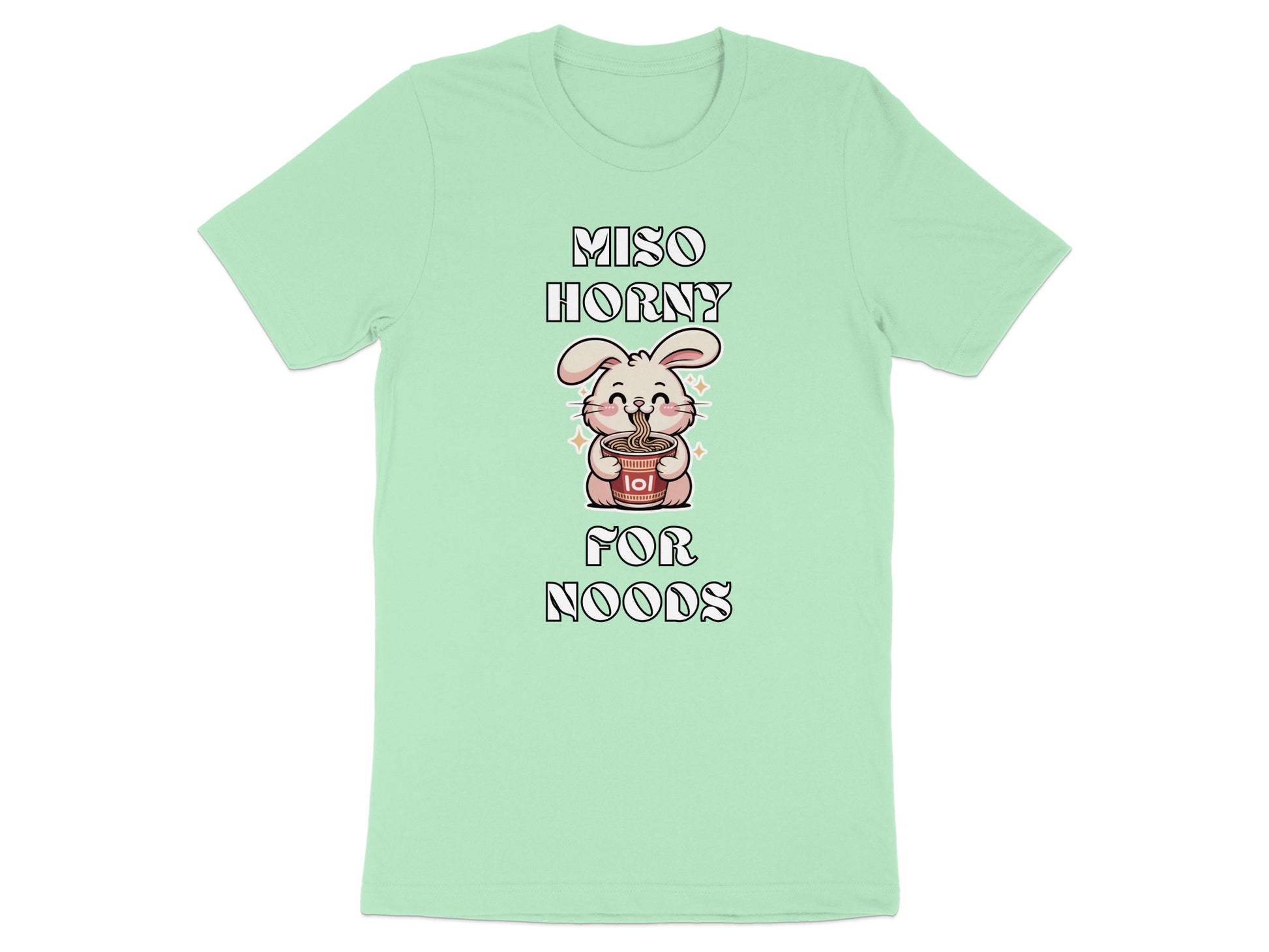 Light green t-shirt with "Miso Horny for Noods" text and a cartoon rabbit holding ramen.