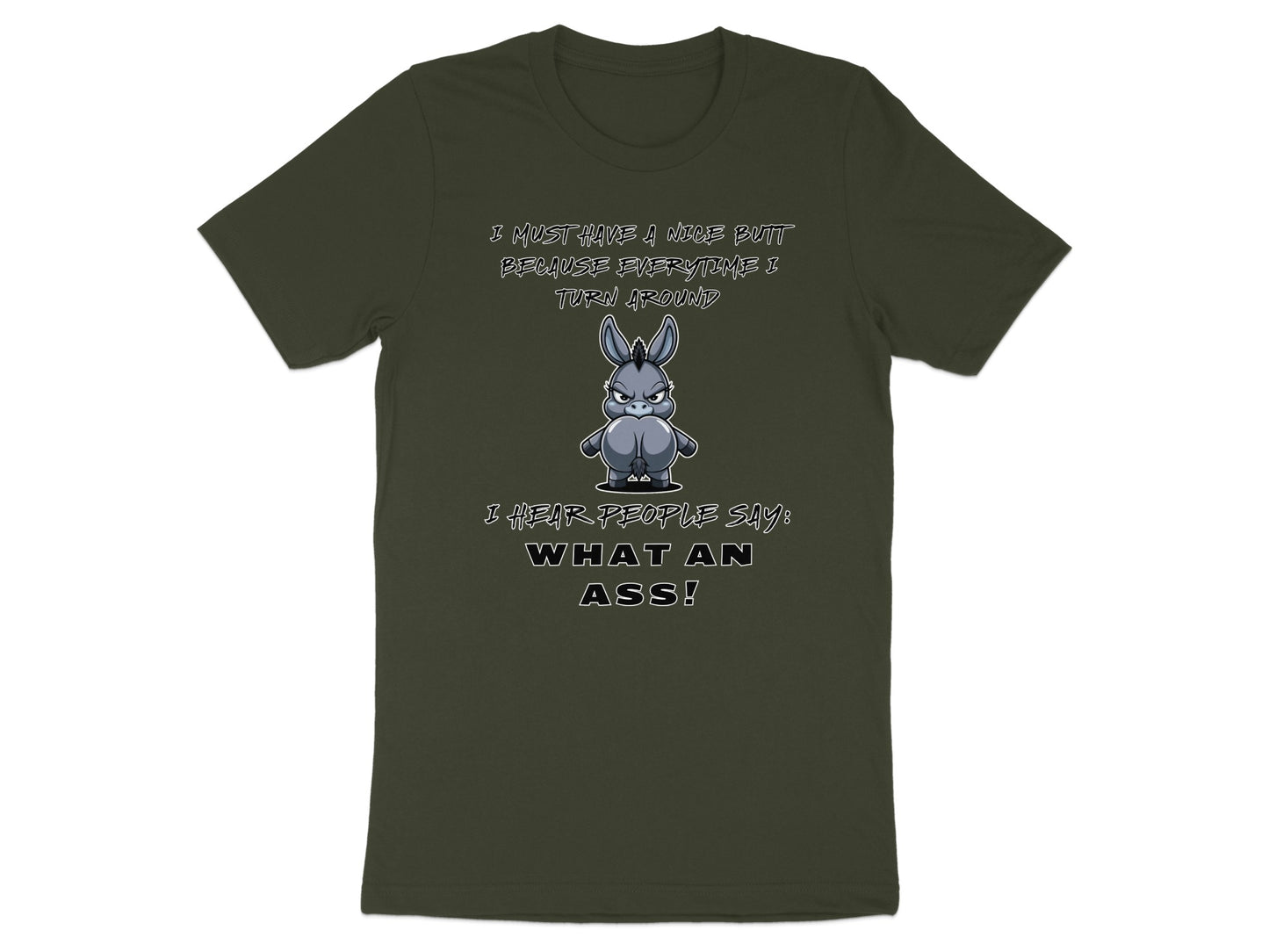 Dark green t-shirt with a cartoon donkey and text.