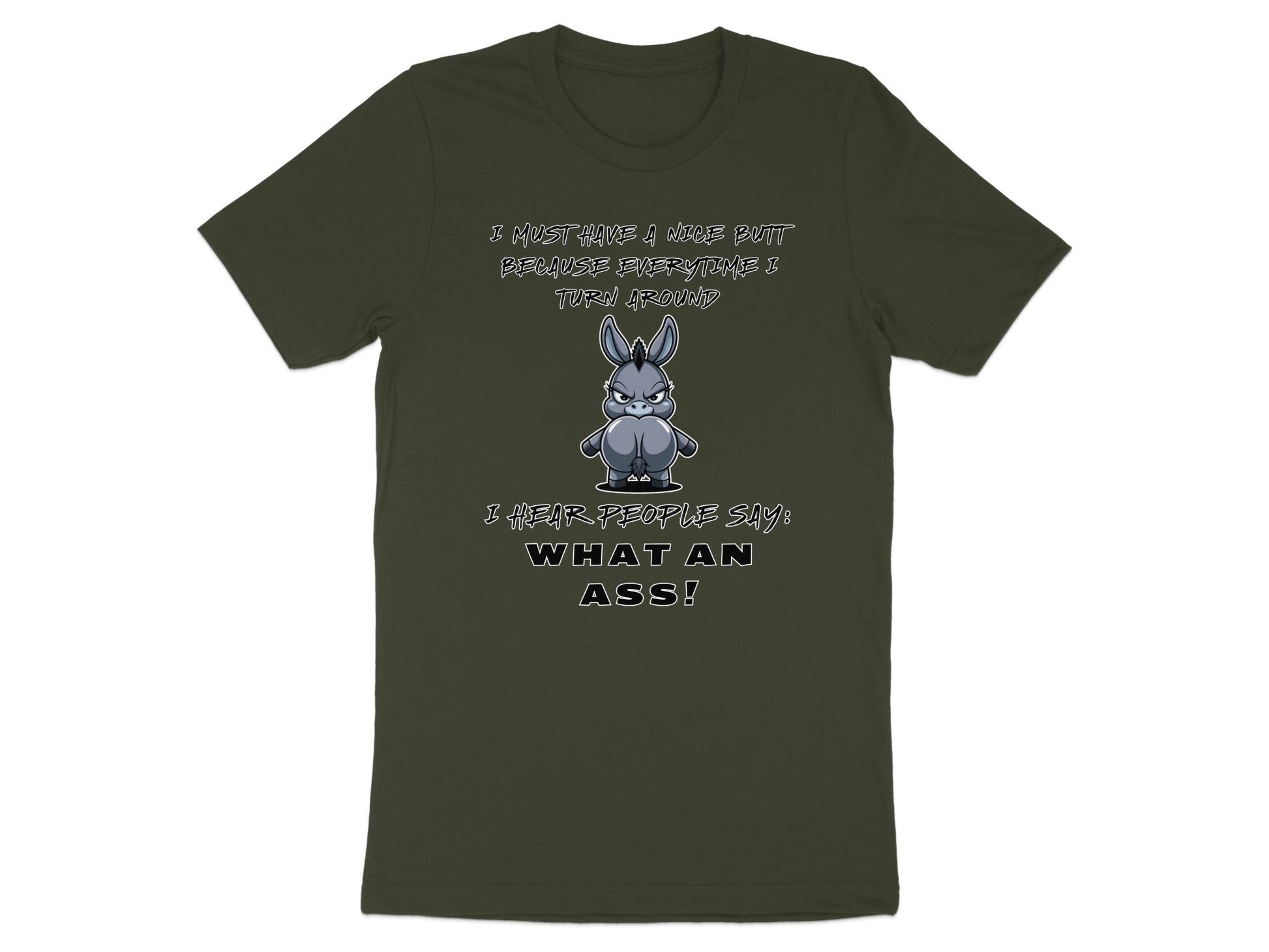 Dark green t-shirt with a cartoon donkey and text.