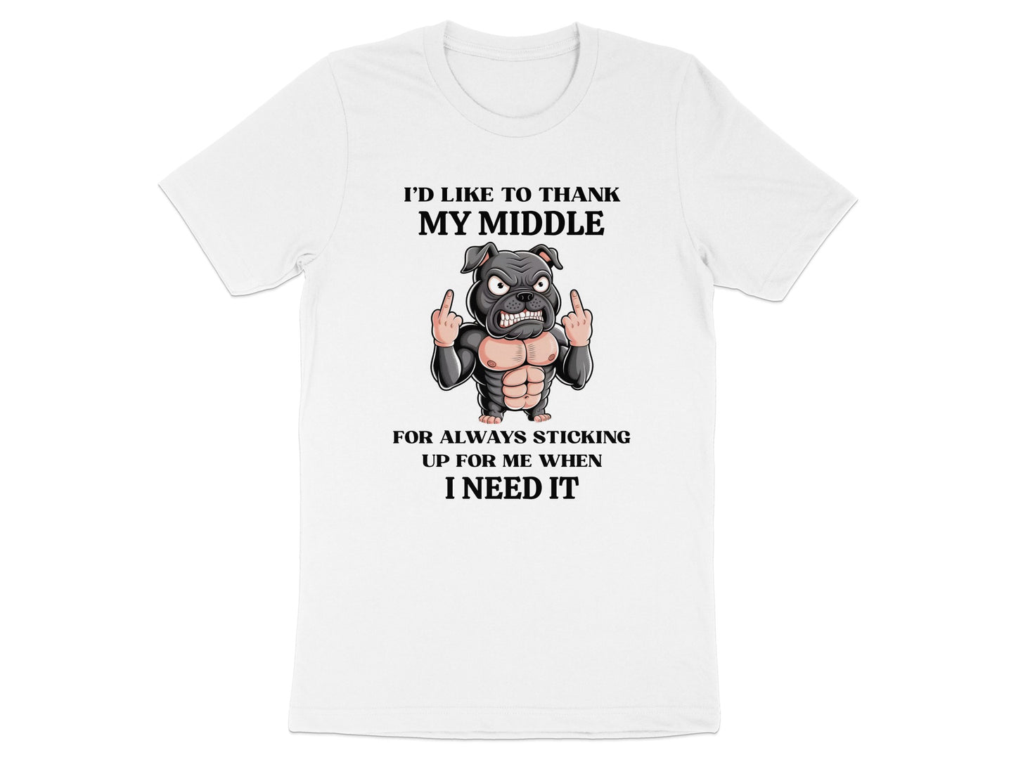 White t-shirt with illustration of muscular dog giving middle fingers and text.