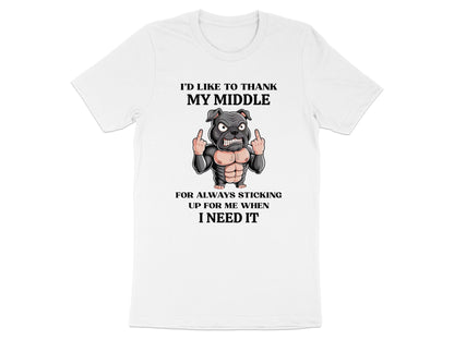 White t-shirt with illustration of muscular dog giving middle fingers and text.
