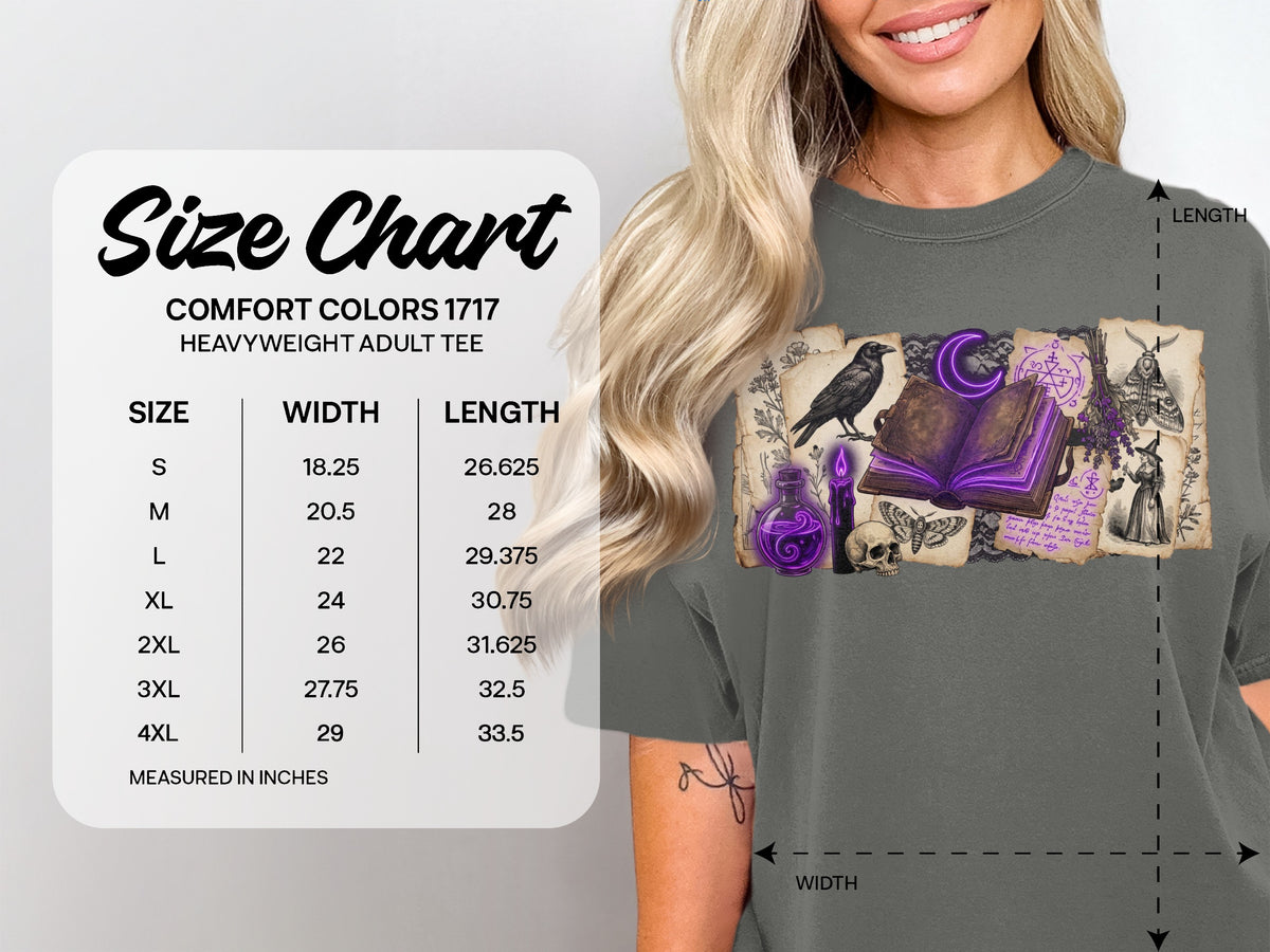 Comfort Colors 1717 heavyweight adult tee size chart with width and length measurements.
