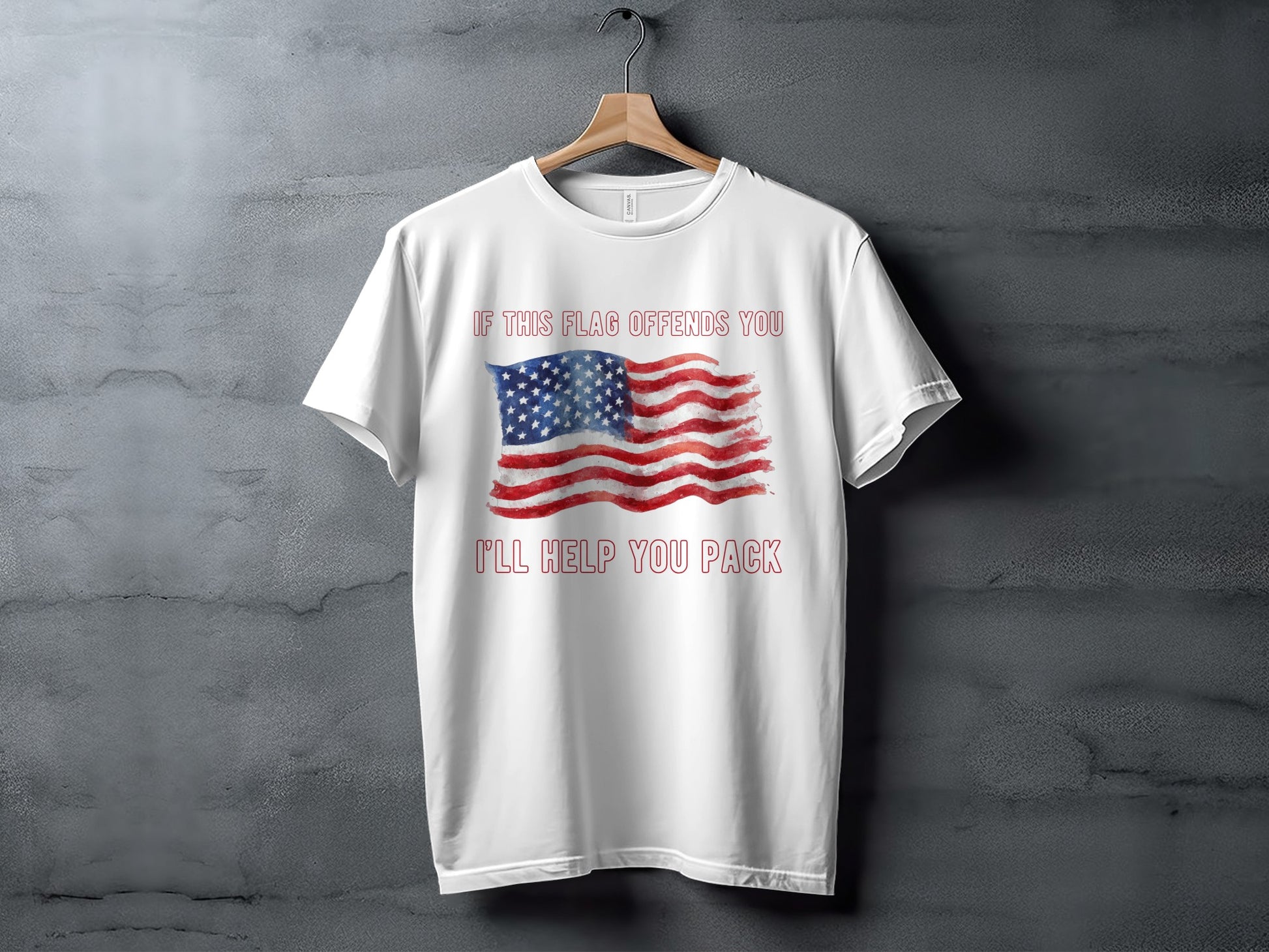 White t-shirt with distressed American flag and text "IF THIS FLAG OFFENDS YOU I'LL HELP YOU PACK".