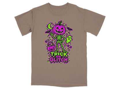 T-shirt with "Trick or Glitch" text and pixelated Halloween graphics.