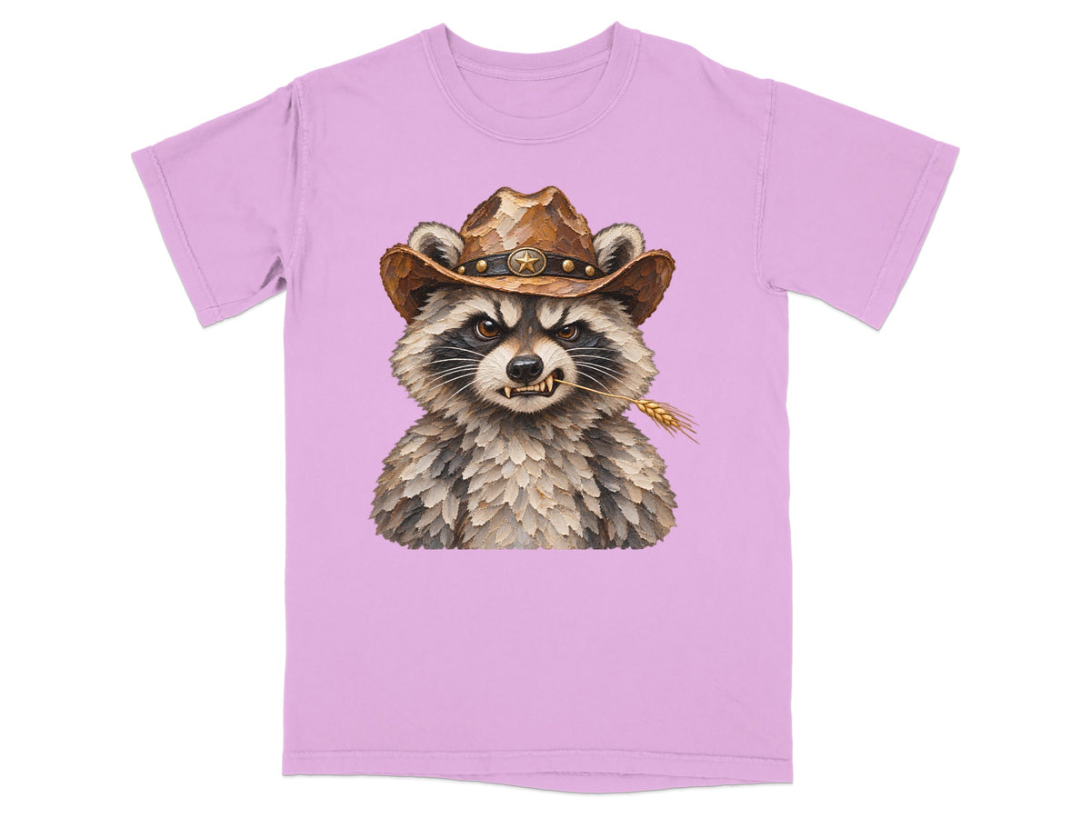 Raccoon wearing a cowboy hat and holding a wheat stalk in its mouth.