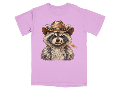 Raccoon wearing a cowboy hat and holding a wheat stalk in its mouth.