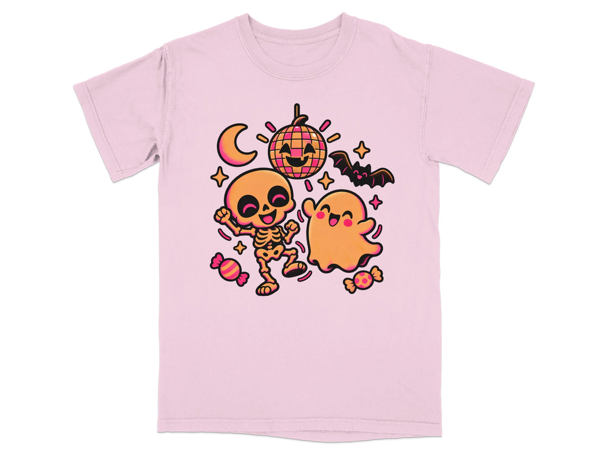 Pink t-shirt with a cartoon skeleton, ghost, bat, disco ball, and candy.