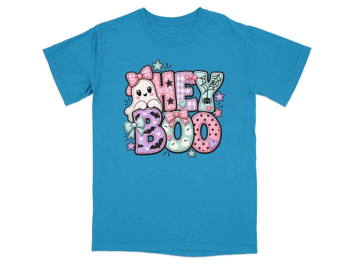 Teal t-shirt with "HEY BOO" text and a cute ghost design for Halloween.