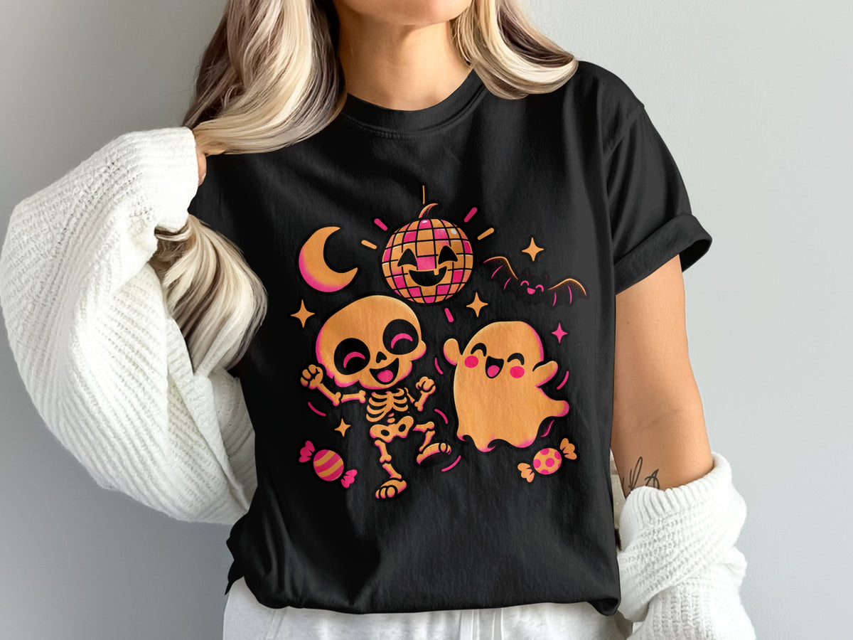 Black t-shirt with a dancing skeleton and ghost Halloween graphic.