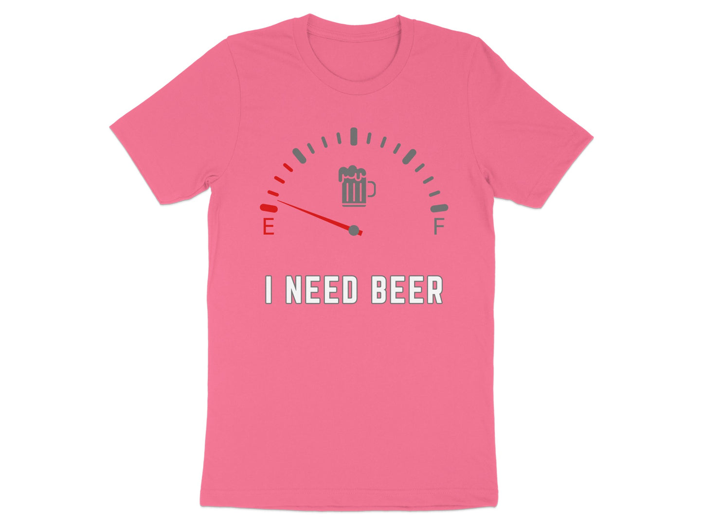 Pink t-shirt with a beer gauge graphic and the text "I NEED BEER".