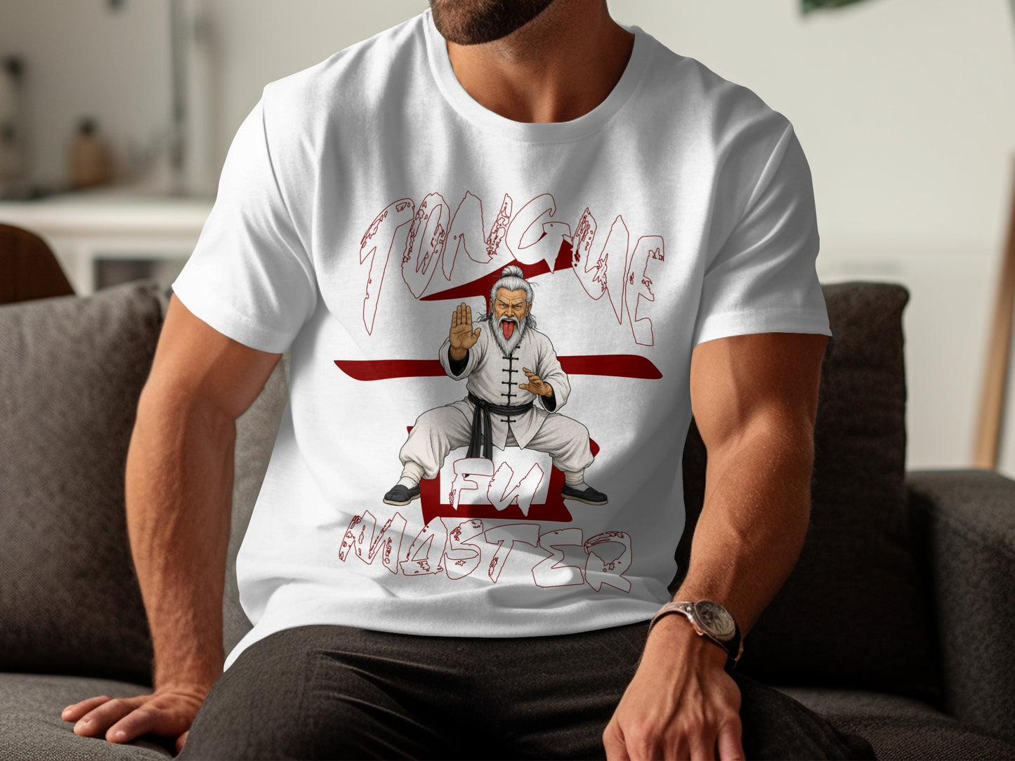 White t-shirt with graphic of a martial arts master sticking out his tongue.