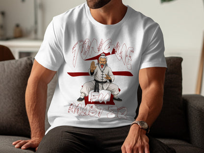 White t-shirt with graphic of a martial arts master sticking out his tongue.