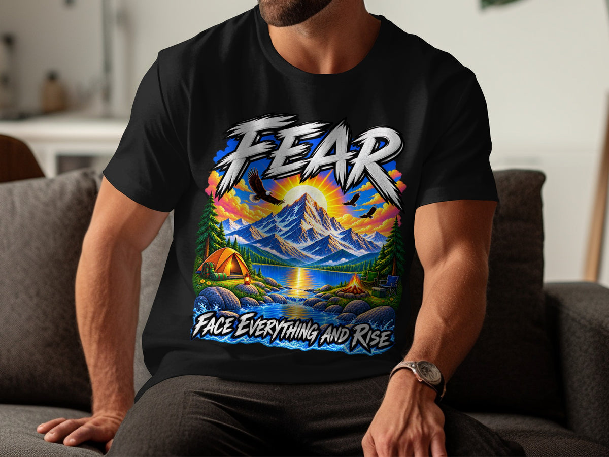 Black t-shirt with "FEAR FACE EVERYTHING AND RISE" and mountain camping scene.