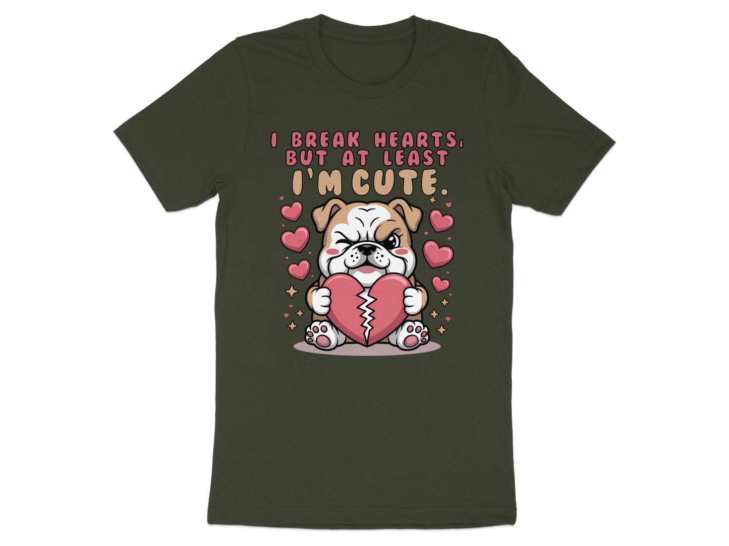 Bulldog holding broken heart with text "I break hearts, but at least I'm cute."