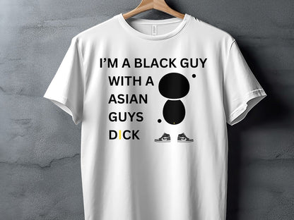 White t-shirt with black text and graphic of two circles and sneakers.