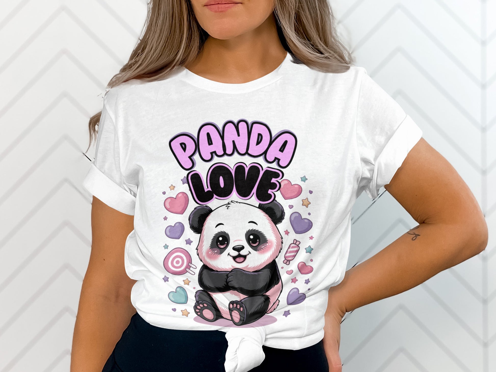 White t-shirt with "Panda Love" text and a cute cartoon panda surrounded by hearts.